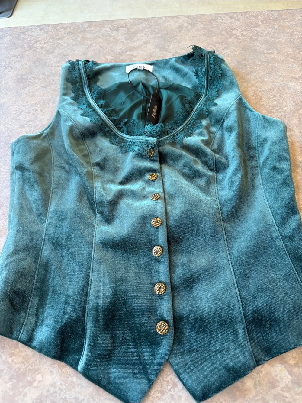 Emerald Velvet Lace-Trim Button Front Women’s Vest - NWT
